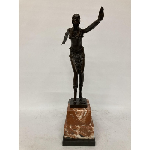 69 - A BRONZE ART DECO LADY DANCER ON A MARBLE BASE, HEIGHT 50CM