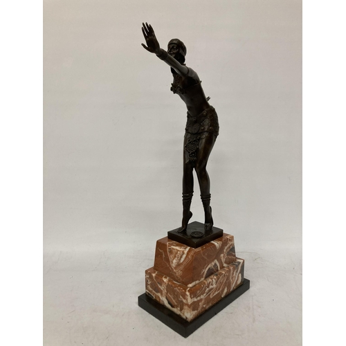 69 - A BRONZE ART DECO LADY DANCER ON A MARBLE BASE, HEIGHT 50CM