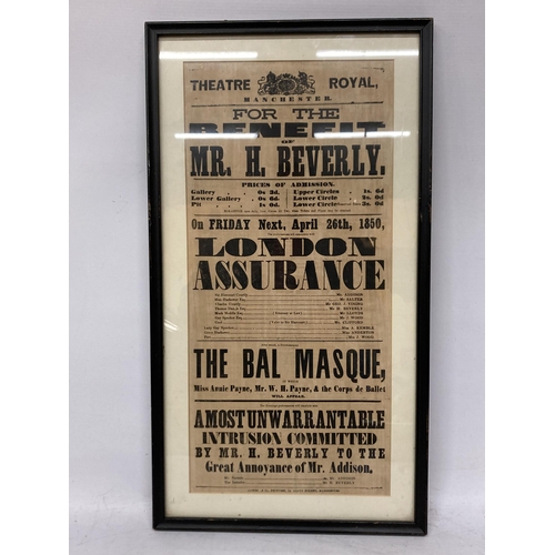 75 - AN 1850 POSTER FOR THEATRE ROYAL, MANCHESTER, FRAMED, 32CM X 58CM