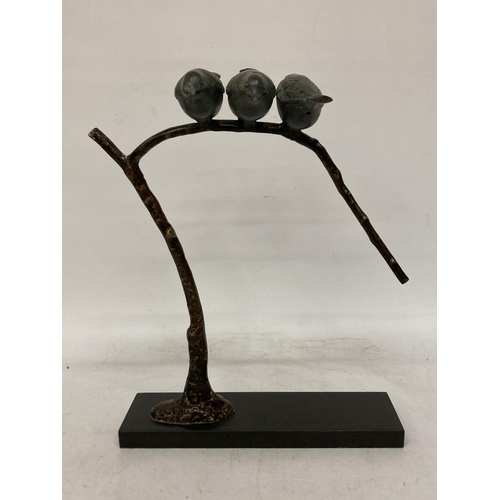 79 - A METAL SCULTURE OF THREE BIRDS SITTING ON A BRANCH WITH A PLINTH, HEIGHT 39CM, WIDTH 31CM