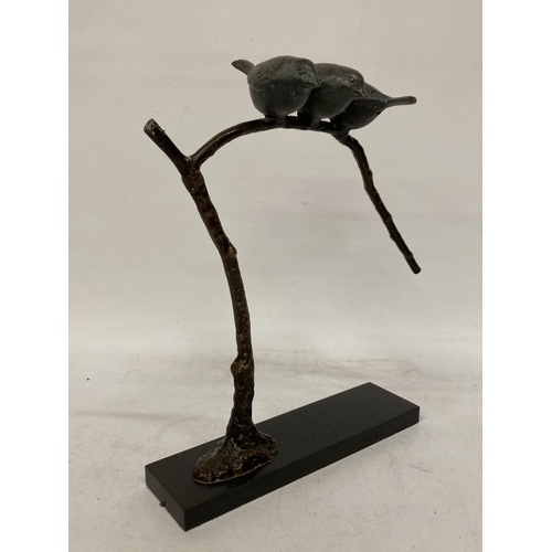 79 - A METAL SCULTURE OF THREE BIRDS SITTING ON A BRANCH WITH A PLINTH, HEIGHT 39CM, WIDTH 31CM