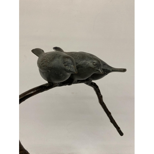 79 - A METAL SCULTURE OF THREE BIRDS SITTING ON A BRANCH WITH A PLINTH, HEIGHT 39CM, WIDTH 31CM