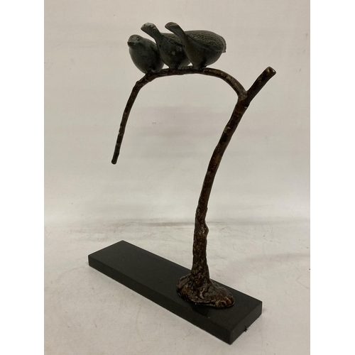 79 - A METAL SCULTURE OF THREE BIRDS SITTING ON A BRANCH WITH A PLINTH, HEIGHT 39CM, WIDTH 31CM