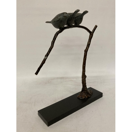 79 - A METAL SCULTURE OF THREE BIRDS SITTING ON A BRANCH WITH A PLINTH, HEIGHT 39CM, WIDTH 31CM