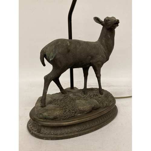 95 - A CAST METAL FIGURE OF A DEER ON A PLINTH TABLE LAMP - A/F, ANTLERS MISSING, HEIGHT TO THE TOP OF TH... 