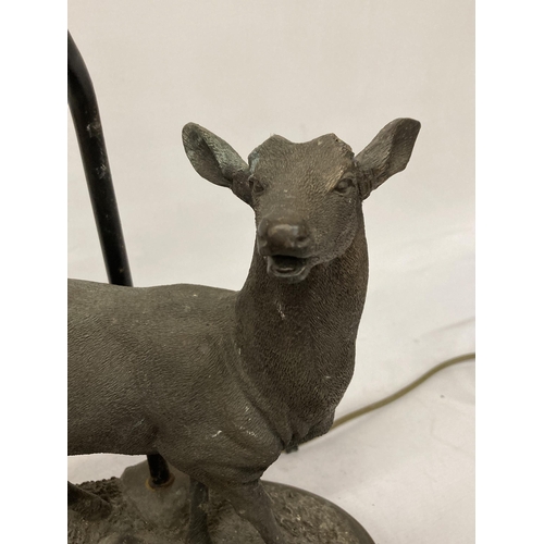 95 - A CAST METAL FIGURE OF A DEER ON A PLINTH TABLE LAMP - A/F, ANTLERS MISSING, HEIGHT TO THE TOP OF TH... 