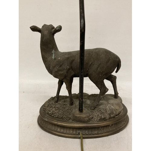 95 - A CAST METAL FIGURE OF A DEER ON A PLINTH TABLE LAMP - A/F, ANTLERS MISSING, HEIGHT TO THE TOP OF TH... 