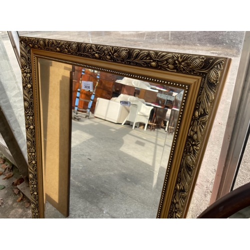 3038 - A GILT FRAMED BEVEL EDGE WALL MIRROR, 34