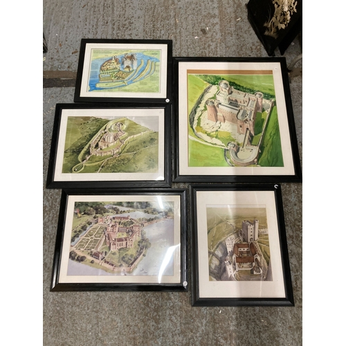 799 - FIVE FRAMED PRINTS OF AERIAL VIEWS OF CASTLES