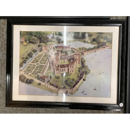 799 - FIVE FRAMED PRINTS OF AERIAL VIEWS OF CASTLES