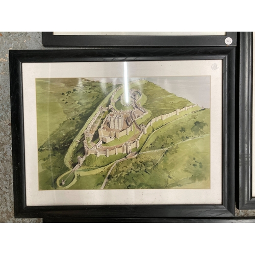 799 - FIVE FRAMED PRINTS OF AERIAL VIEWS OF CASTLES