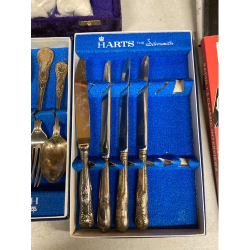 805 - A QUANTITY OF FLATWARE TOGETHER WITH A BOX OF HIGHLANDS SILVERPLATE GOBLETS AND A FURTHER BOX OF SMA... 