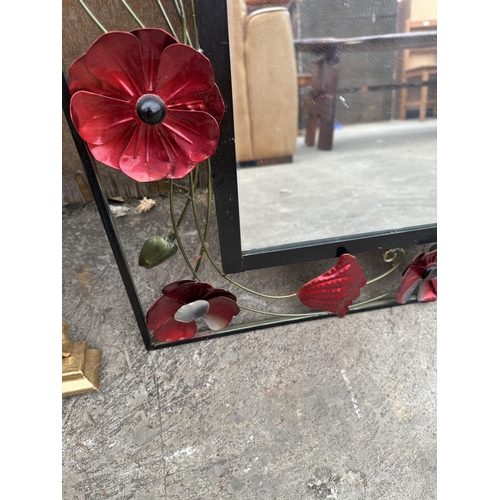 3081 - A MIRROR WITH ENAMEL STYLE METAL POPPY BORDER