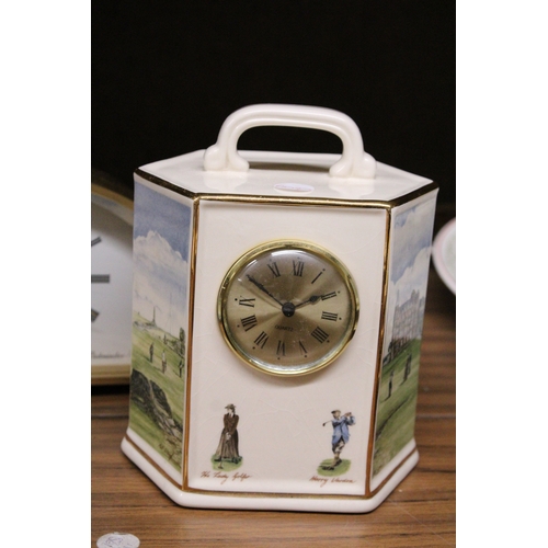 972 - THREE MANTLE CLOCKS TO INCLUDE A CERAMIC 'POINTERS OF LONDON' GOLF THEMED CLOCK, CARRIAGE CLOCK AND ... 