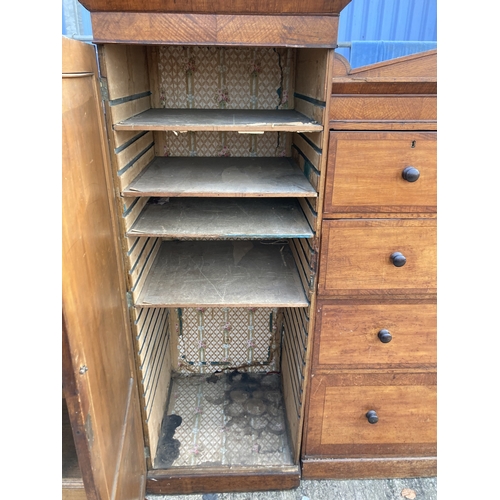 3121 - A VICTORIAN OAK COMPACTUM WARDROBE WITH TWO HANGING COMPARTMENTS, TWO SHORT AND THREE LONG DRAWERS, ... 