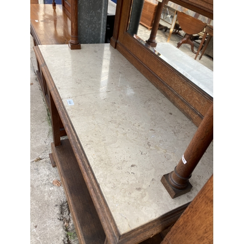 3122 - A VICTORIAN OAK MIRROR BACK BUFFET SIDEBOARD WITH MARBLE TOP ENCLOSING THREE DRAWERS, 44.5