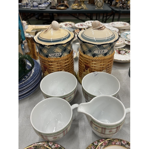 180 - TWO LEONARDO TEA AND SUGAR LIDDED STORAGE POTS, SIX POMPADOUR TEA CUPS AND SAUCERS WITH EXTRA SAUCER... 