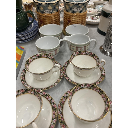 180 - TWO LEONARDO TEA AND SUGAR LIDDED STORAGE POTS, SIX POMPADOUR TEA CUPS AND SAUCERS WITH EXTRA SAUCER... 