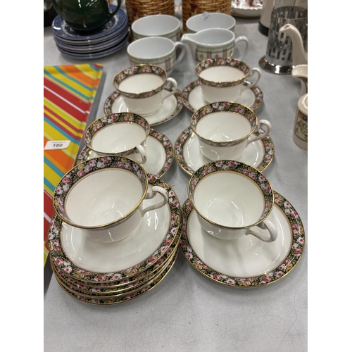 180 - TWO LEONARDO TEA AND SUGAR LIDDED STORAGE POTS, SIX POMPADOUR TEA CUPS AND SAUCERS WITH EXTRA SAUCER... 