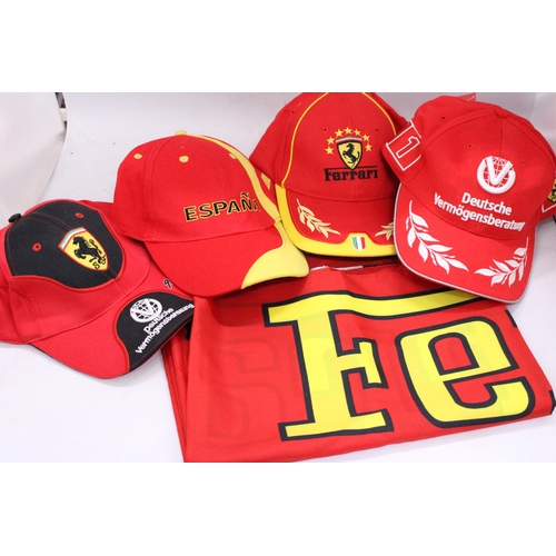 232 - FOUR FERRARI BASE BALL CAPS AND A FERRARI FLAG