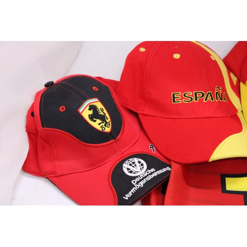 232 - FOUR FERRARI BASE BALL CAPS AND A FERRARI FLAG