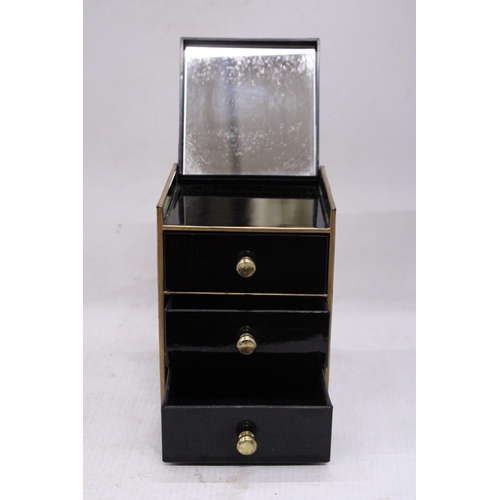 245 - A SMALL JAPANESE STYLE LACQUERED THREE DRAWER JEWELLERY BOX, HEIGHT 12.5CM, WIDTH 9.5CM, DEPTH 10CM