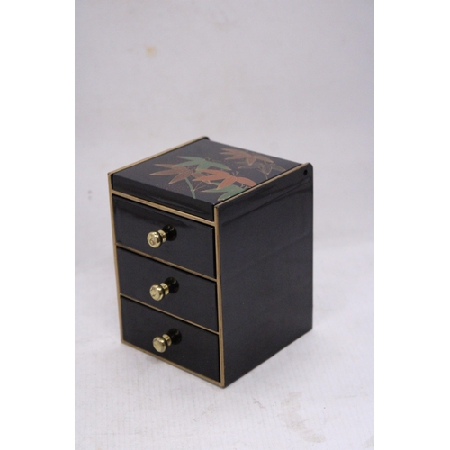 245 - A SMALL JAPANESE STYLE LACQUERED THREE DRAWER JEWELLERY BOX, HEIGHT 12.5CM, WIDTH 9.5CM, DEPTH 10CM