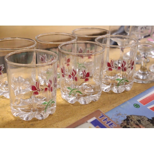 282 - A DECANTER, WINE GLASSES AND TUMBLERS