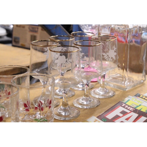 282 - A DECANTER, WINE GLASSES AND TUMBLERS