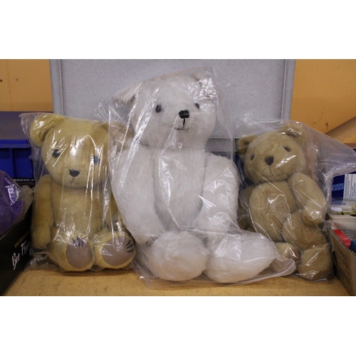 421 - THREE TEDDY BEARS TO INCLUDE A WHITE AND TWO GOLDEN