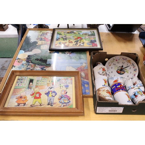 424 - A COLLECTION OF RUPERT THE BEAR ITEMS TO INCLUDE CUPS, A CERAMIC WALL CLOCK, EGG CUPS, TWO FRAMED JI... 