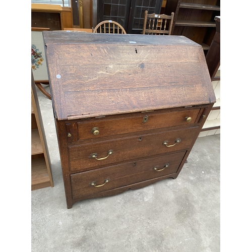 2973 - AN OAK GEORGE III BUREAU WITH FITTED INTERIOR AND THREE DRAWERS TO BASE, 37