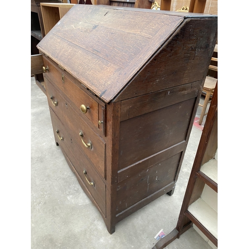 2973 - AN OAK GEORGE III BUREAU WITH FITTED INTERIOR AND THREE DRAWERS TO BASE, 37