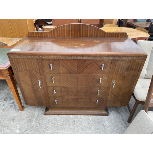 3003 - AN ART DECO MAHOGANY SIDEBOARD ON PEDESTAL BASE, ENCLOSING FOUR DRAWERS AND TWO CUPBOARDS WITH RAISE... 