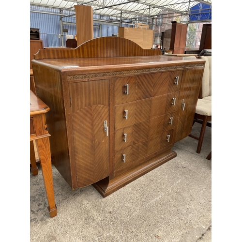 3003 - AN ART DECO MAHOGANY SIDEBOARD ON PEDESTAL BASE, ENCLOSING FOUR DRAWERS AND TWO CUPBOARDS WITH RAISE... 