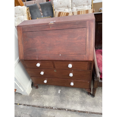 3021 - A MAHOGANY BUREAU WITH THREE DRAWERS HAVING PORCELAIN KNOBS, 36