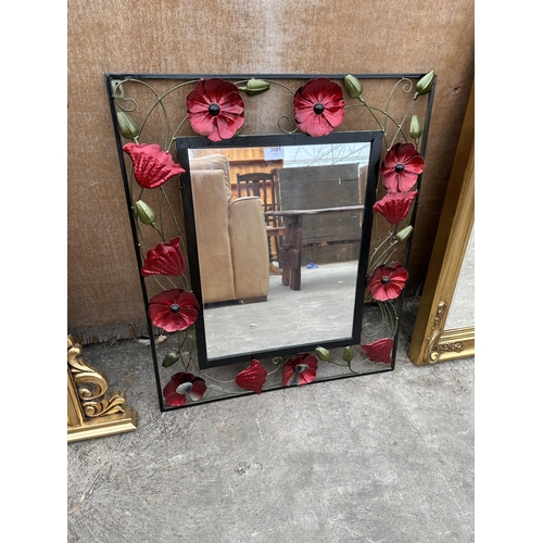 3081 - A MIRROR WITH ENAMEL STYLE METAL POPPY BORDER