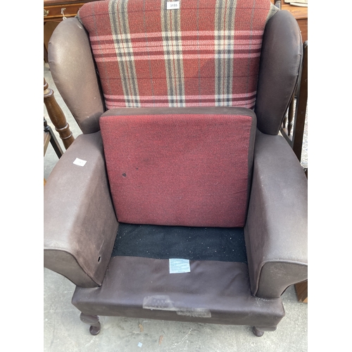 3155 - A FAUX LEATHER AND TARTAN WINGED FIRESIDE CHAIR ON CABRIOLE LEGS