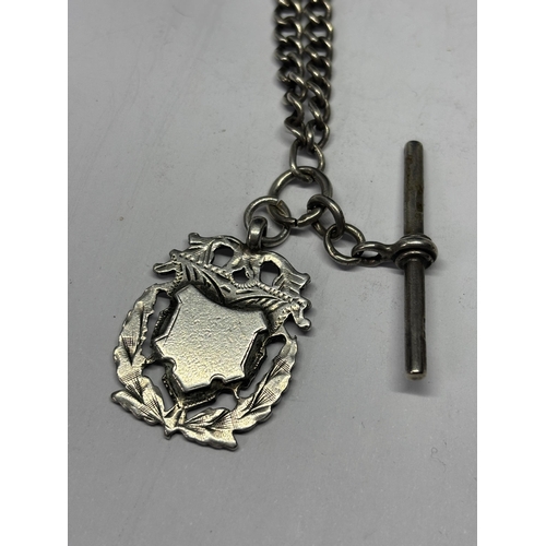  A SILVER DOUBLE ALBERT WATCH CHAIN, KEY AND FOB