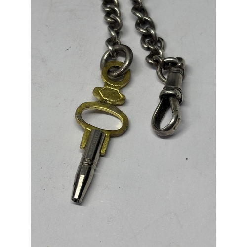  A SILVER DOUBLE ALBERT WATCH CHAIN, KEY AND FOB