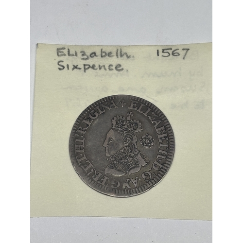 301 - A 1567 ELIZABETH I SIXPENCE - EST CONDITION VF - LOTS 301 TO 421 ARE A COMPLETE CLEARANCE OF  A PRIV... 