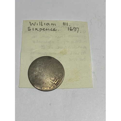 331 - TWO 1697 WILLIAM III SIXPENCES - WORN