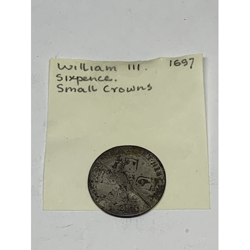 331 - TWO 1697 WILLIAM III SIXPENCES - WORN