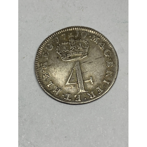 332 - A 1710 QUEEN ANNE FOURPENCE, CONDITION BELIEVED VF