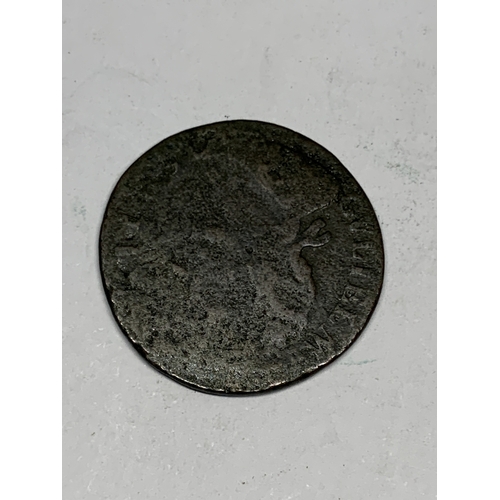 333 - A WILLIAM III HALFPENNY, DATE UNKNOWN, WORN