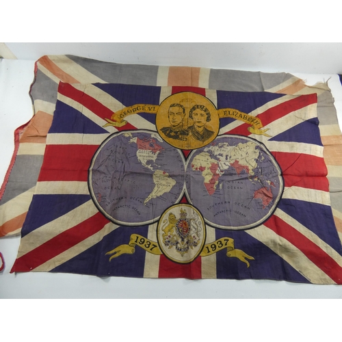 338 - A GEORGE VI CORONATION FLAG DATED 1937 55CM X 84CM AND A FURTHER VINTAGE UNION JACK 57CM X 100CM