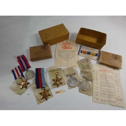 345 - TWO SETS OF WORLD WAR TWO MEDAL GROUPS COMPLETE WITH BOXES AND PAPERS TO INCLUDE 1938 -1945 STAR, PA... 