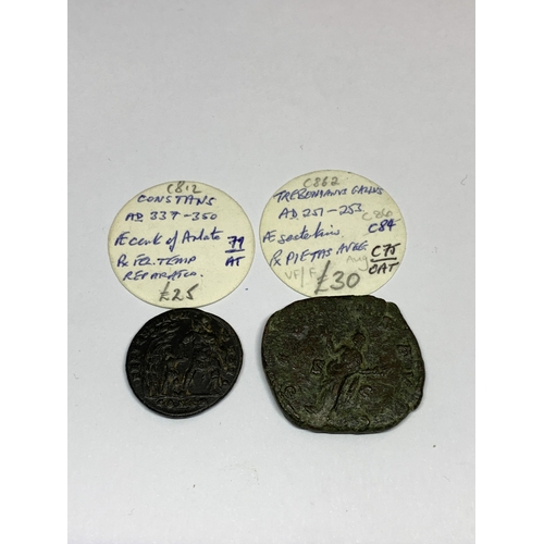 415 - TWO ROMAN COINS, ONE A SESTERTIUS - CONSTANS AND TREBONIANVS GALLUS