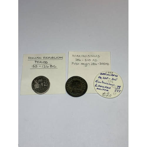 416 - TWO ROMAN COINS, AN ANTONINIANUS AND A DENARIUS