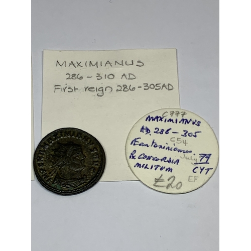 416 - TWO ROMAN COINS, AN ANTONINIANUS AND A DENARIUS